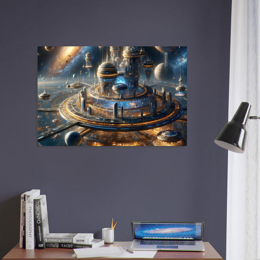 ✅ Alt Text:
Metal poster showcasing a futuristic cosmic city with floating buildings, orbiting space stations, spacecraft, and a vivid backdrop of galaxies and nebulae.