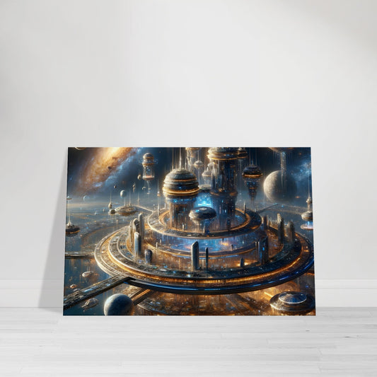 Futuristic galactic city with floating buildings and cosmic background.