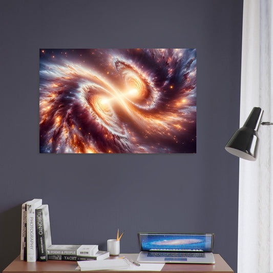 Metal poster featuring a dramatic galaxy collision with swirling stars and cosmic dust in intense, vivid colors, showcasing the grandeur of space.