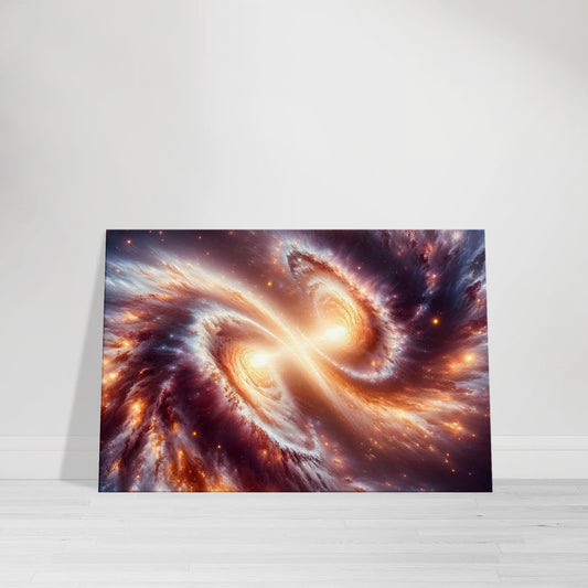 Canvas wall art depicting two colliding galaxies with vivid colors, star formations, and cosmic dust in a stunning celestial scene.