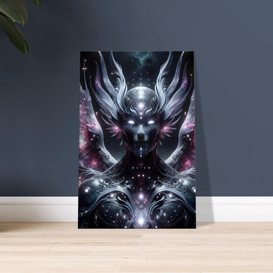 Artwork of a six-winged humanoid celestial figure with glowing eyes, in nebula pink and silver tones against a starry cosmic sky.