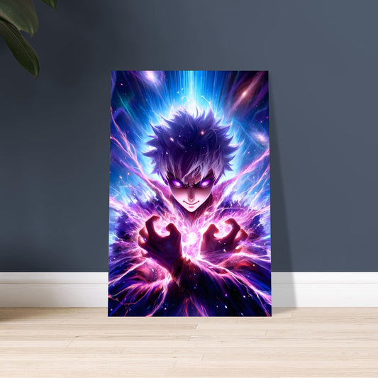 Anime warrior glowing with cosmic energy in front of nebula-filled space background on premium metal poster.