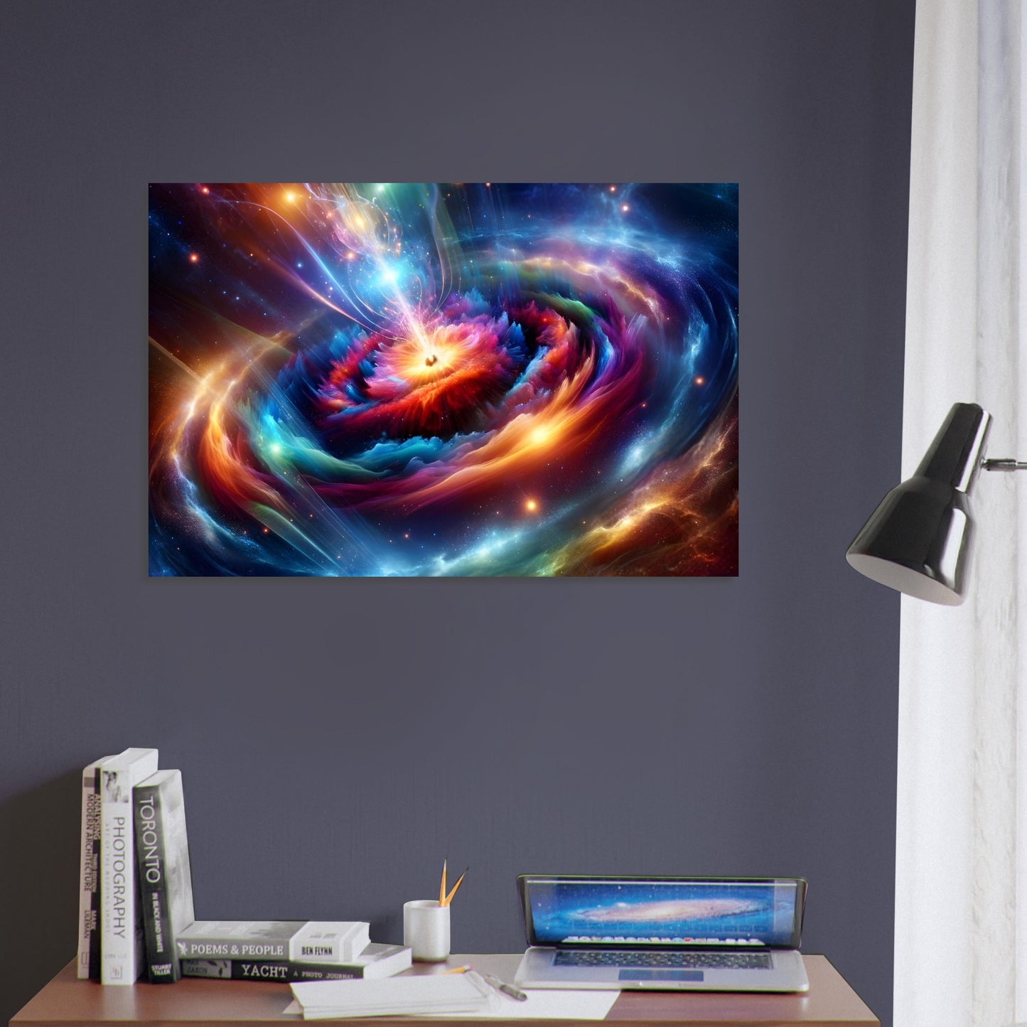 Metal poster depicting a stunning galaxy collision with intense, glowing colors and intricate cosmic details, creating a vibrant and majestic space scene.