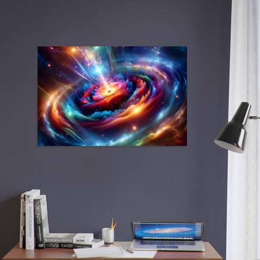 Metal poster depicting a stunning galaxy collision with intense, glowing colors and intricate cosmic details, creating a vibrant and majestic space scene.