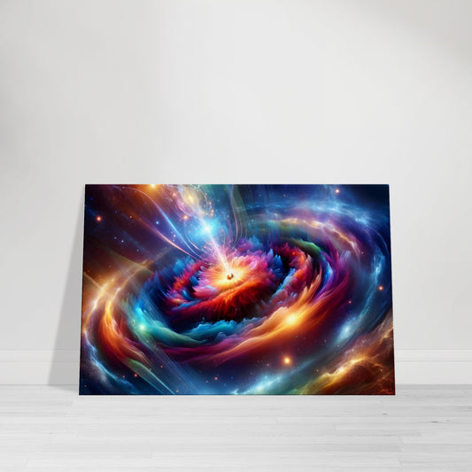 Canvas wall art of colliding galaxies with vibrant glowing colors and starry detail.