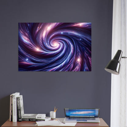 Metal poster depicting a vibrant indigo and lilac galaxy swirl with intricate patterns and glowing stars, showcasing cosmic depth and beauty.