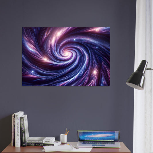 Metal poster depicting a vibrant indigo and lilac galaxy swirl with intricate patterns and glowing stars, showcasing cosmic depth and beauty.