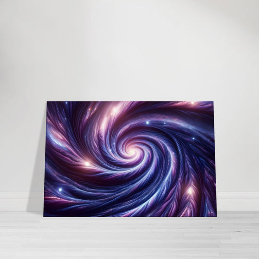Canvas wall art of an indigo and lilac galaxy spiral filled with glowing stars and swirling cosmic patterns.