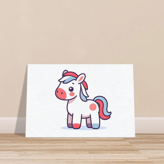 Canvas print of a white unicorn with multi-colored hair galloping through a soft-colored meadow.