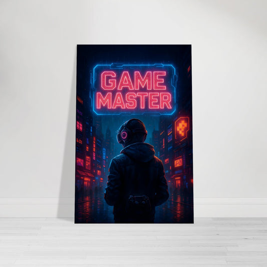 Neon wall art of glowing gamer controller in vibrant blues and purples against dark background.