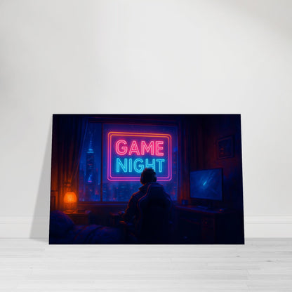 Neon gamer wall art with glowing holographic dice, pizza, and controller icons over neon cityscape.