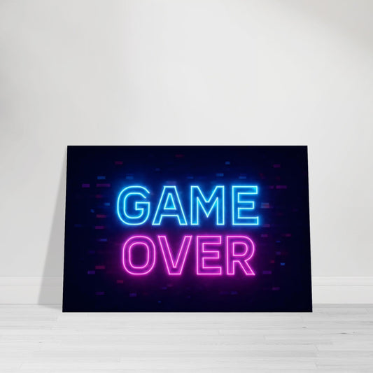 Neon wall art with glowing pink and blue glitching text reading Game Over.