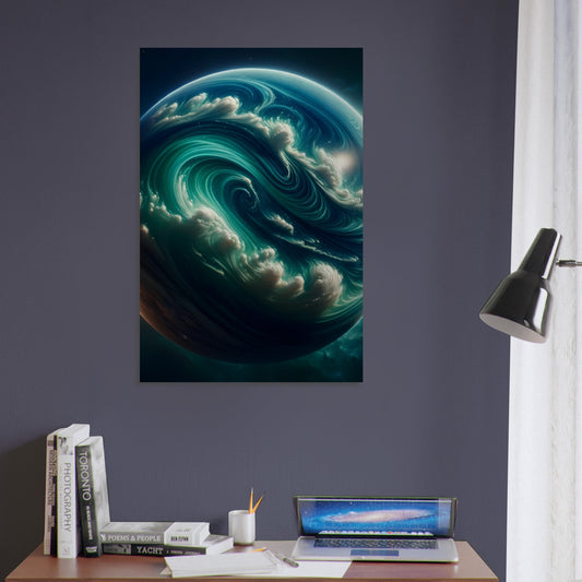 Metal poster of a vibrant gas giant planet with swirling deep blue and emerald green cloud formations.