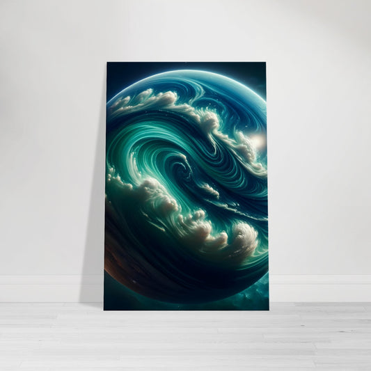 Canvas art depicting a blue and emerald green gas giant with swirling clouds and dynamic planetary detail.
