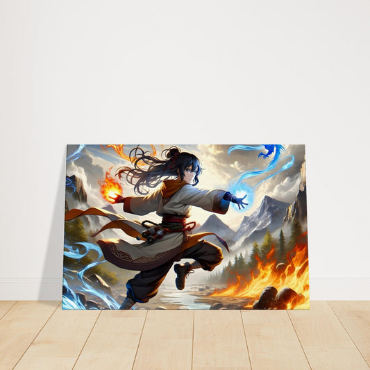 Geisha in traditional attire battling elemental forces in a dramatic fantasy landscape.