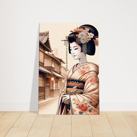 Geisha in traditional kimono walking through an old Japanese street with wooden houses and glowing lanterns.