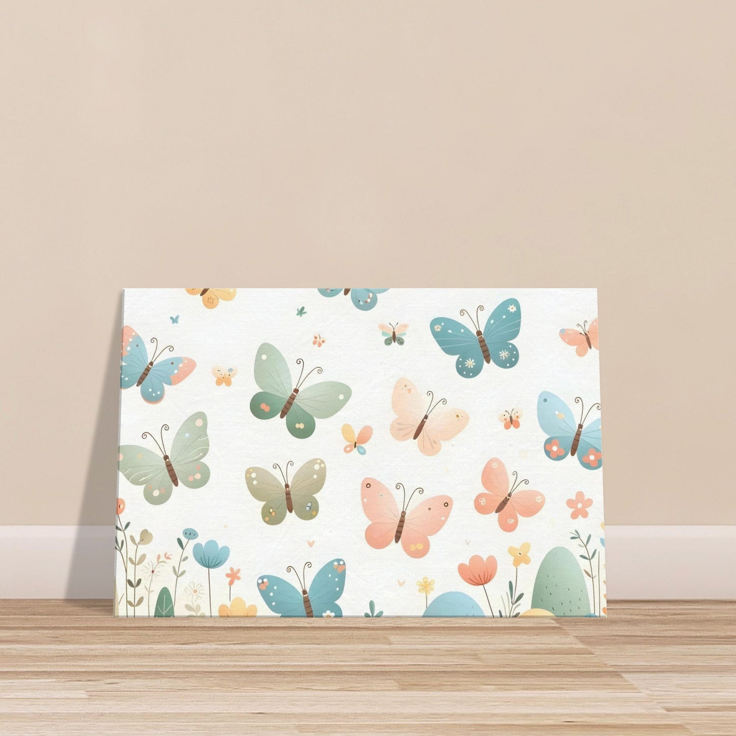 Canvas print of pastel-colored butterflies fluttering gently on a soft background.