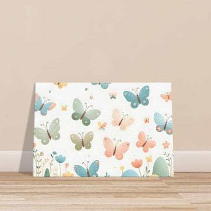 Canvas print of pastel-colored butterflies fluttering gently on a soft background.