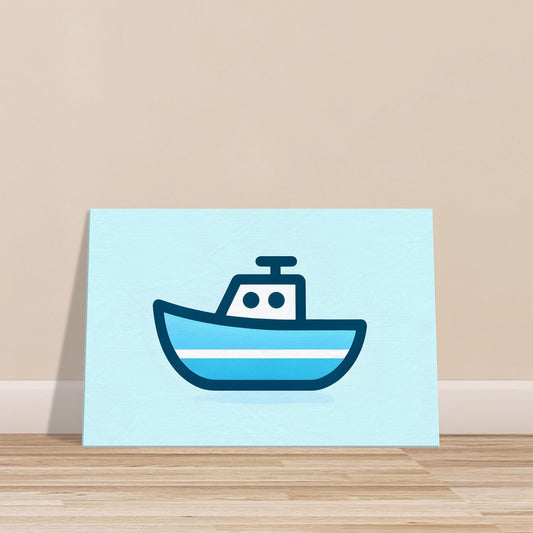 Cartoon-style bright blue boat with large eyes on a light blue to white gradient background.