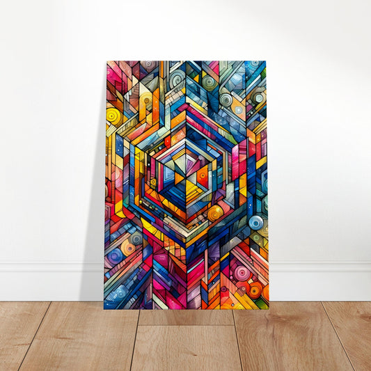 Abstract canvas featuring colourful cuboid shapes with spiral and circular patterns, creating a three-dimensional visual effect.