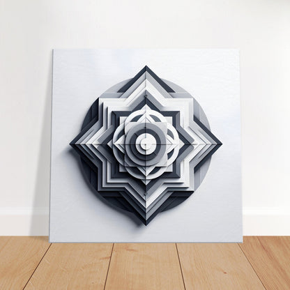 Monochromatic mandala artwork in varying shades of grey, featuring geometric symmetry and subtle gradients for a minimalist aesthetic.
