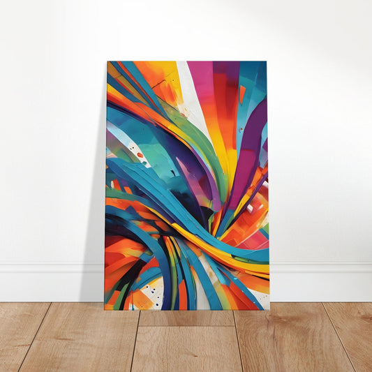 Abstract canvas featuring bold, sweeping strokes in vivid colours intertwined with structured geometric shapes.