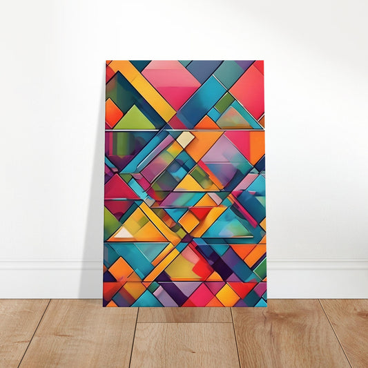 Abstract canvas with colourful interlocking triangles in a mosaic-style geometric composition.