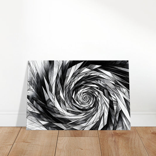 Black and white abstract wall art featuring a spiraling vortex of geometric shapes with precise pencil lines and subtle shading.