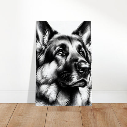 Detailed black and white sketch of a German Shepherd dog, showcasing alert expression and lifelike fur texture.