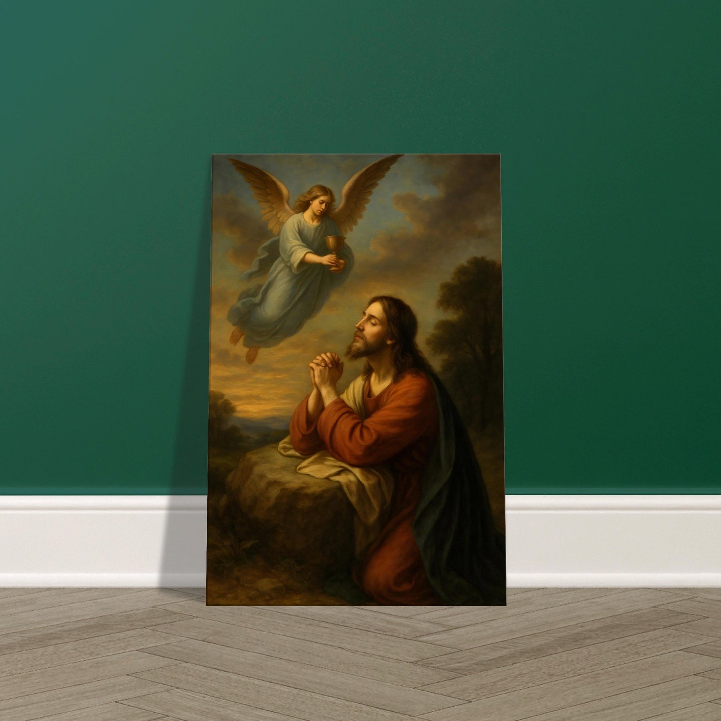 Jesus kneeling in Gethsemane while an angel presents a golden chalice, warm sunset light, 2:3 portrait, displayed on premium canvas wall art print.