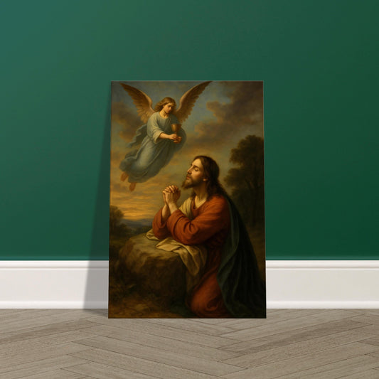 Jesus kneeling in Gethsemane while an angel presents a golden chalice, warm sunset light, 2:3 portrait, displayed on premium canvas wall art print.