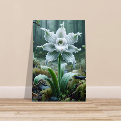 Delicate white ghost orchid blooming in a dark, lush forest or swamp setting with soft glowing light