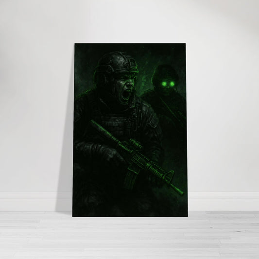 Gritty tactical art of two soldiers mid-operation, with vivid green NVG accents. Dark, intense military print from the Warfare Division series.