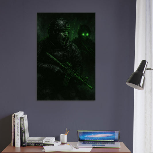 Gritty tactical art of two soldiers mid-operation, with vivid green NVG accents. Dark, intense military print from the Warfare Division series.