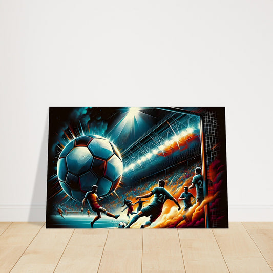 Canvas print of an oversized football overshadowing players in a dramatic football match setting.