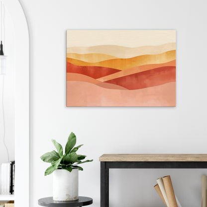 Premium canvas artwork of layered warm gradients of peach, apricot, and gold creating a soft sunrise horizon effect.