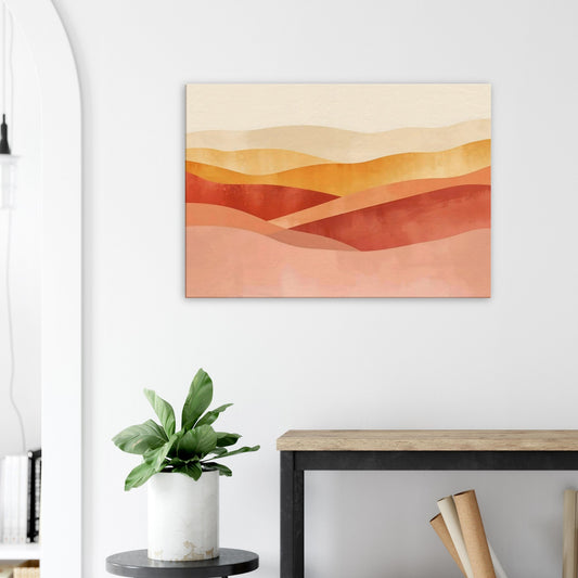 Premium canvas artwork of layered warm gradients of peach, apricot, and gold creating a soft sunrise horizon effect.
