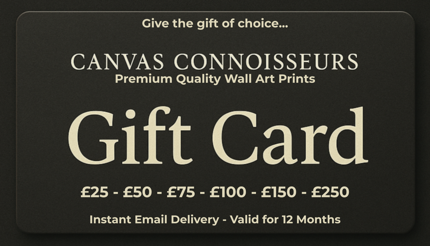 Canvas Connoisseurs gift card with various value options on a black background