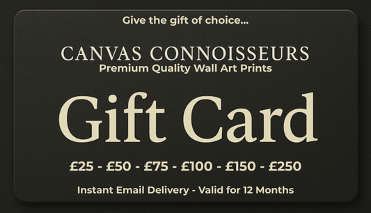 Canvas Connoisseurs gift card with various value options on a black background