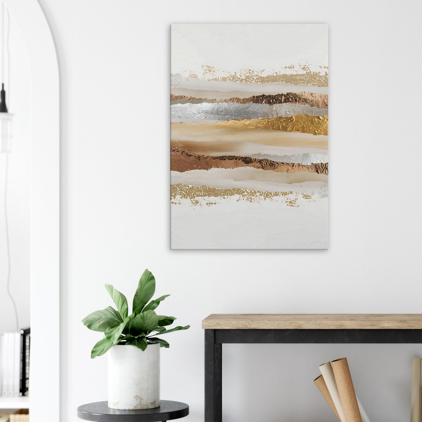 Portrait canvas with vertical muted gold, cream, and taupe metallic layers forming modern abstract textures.