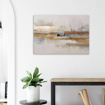 Landscape canvas with horizontal soft gold, cream, and taupe metallic layers forming modern abstract textures.