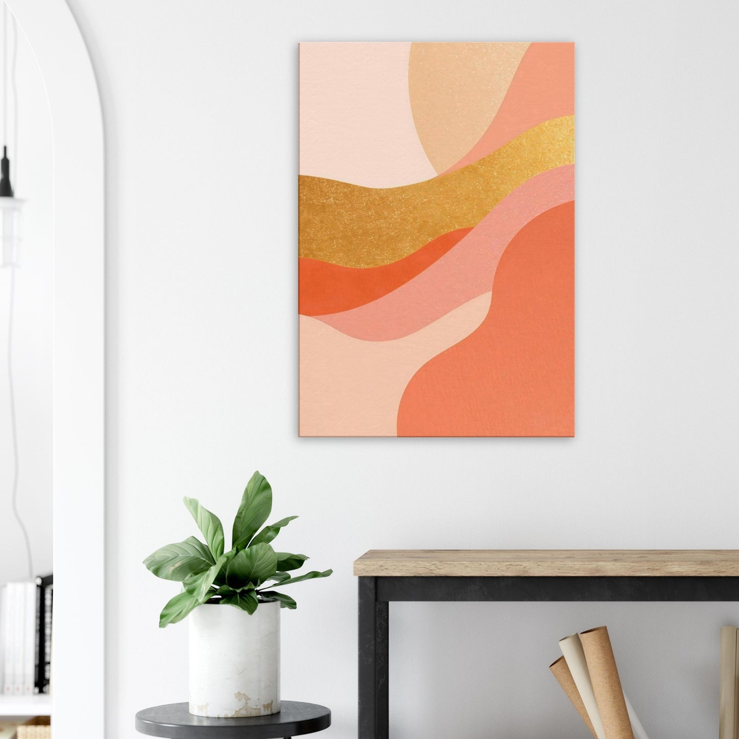 Warm abstract canvas artwork with flowing gold and apricot curves layered across soft gradients.