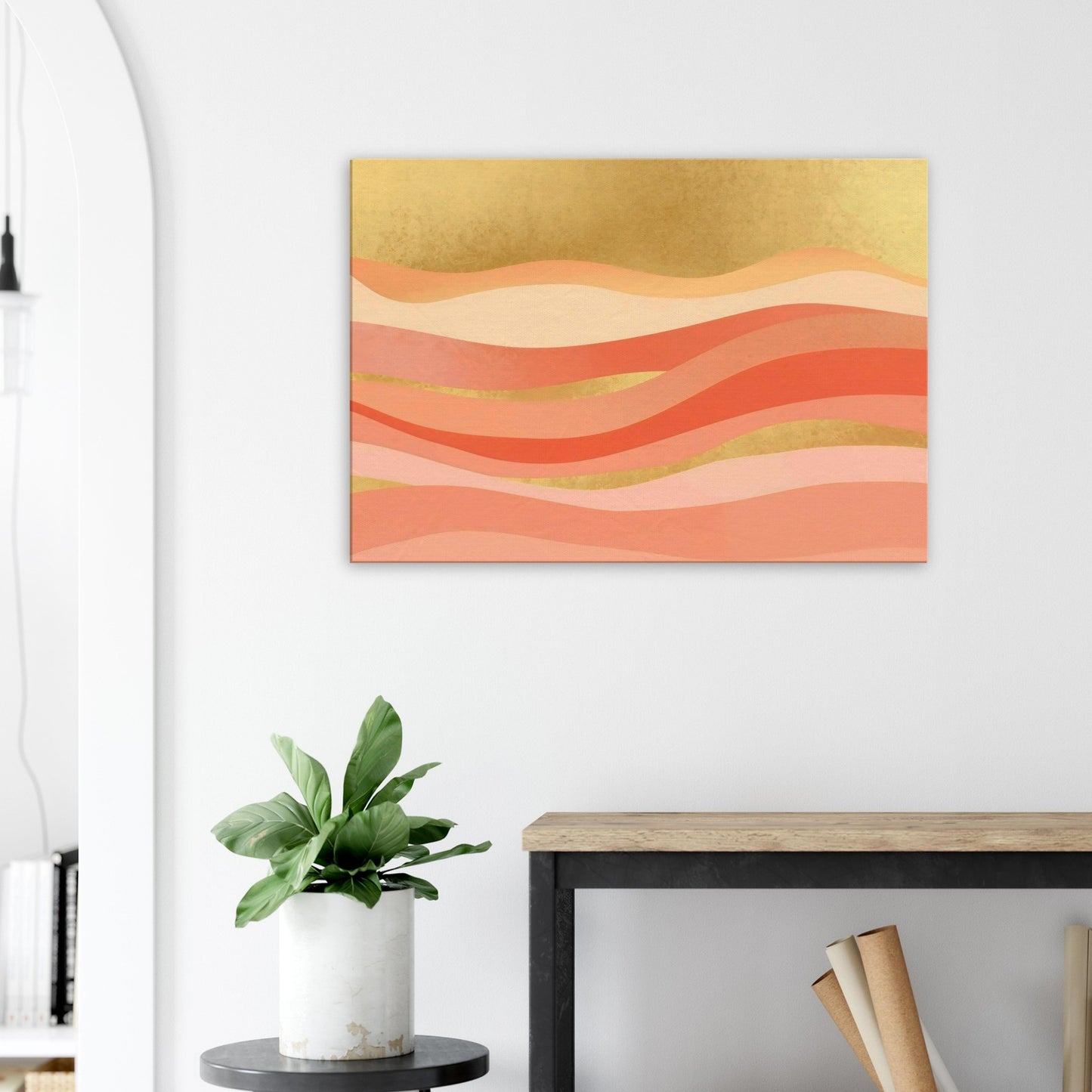 Abstract sunset canvas artwork featuring gold and coral flowing gradients creating a soft mirage effect.