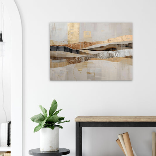 Landscape canvas with horizontal cream, taupe, and gold metallic accents evoking modern abstract textures.