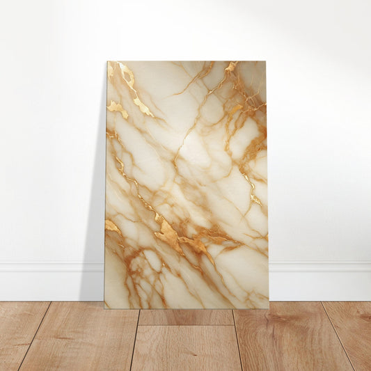 Warm beige marble artwork with flowing gold veins and a polished finish, evoking natural elegance and light-filled serenity.