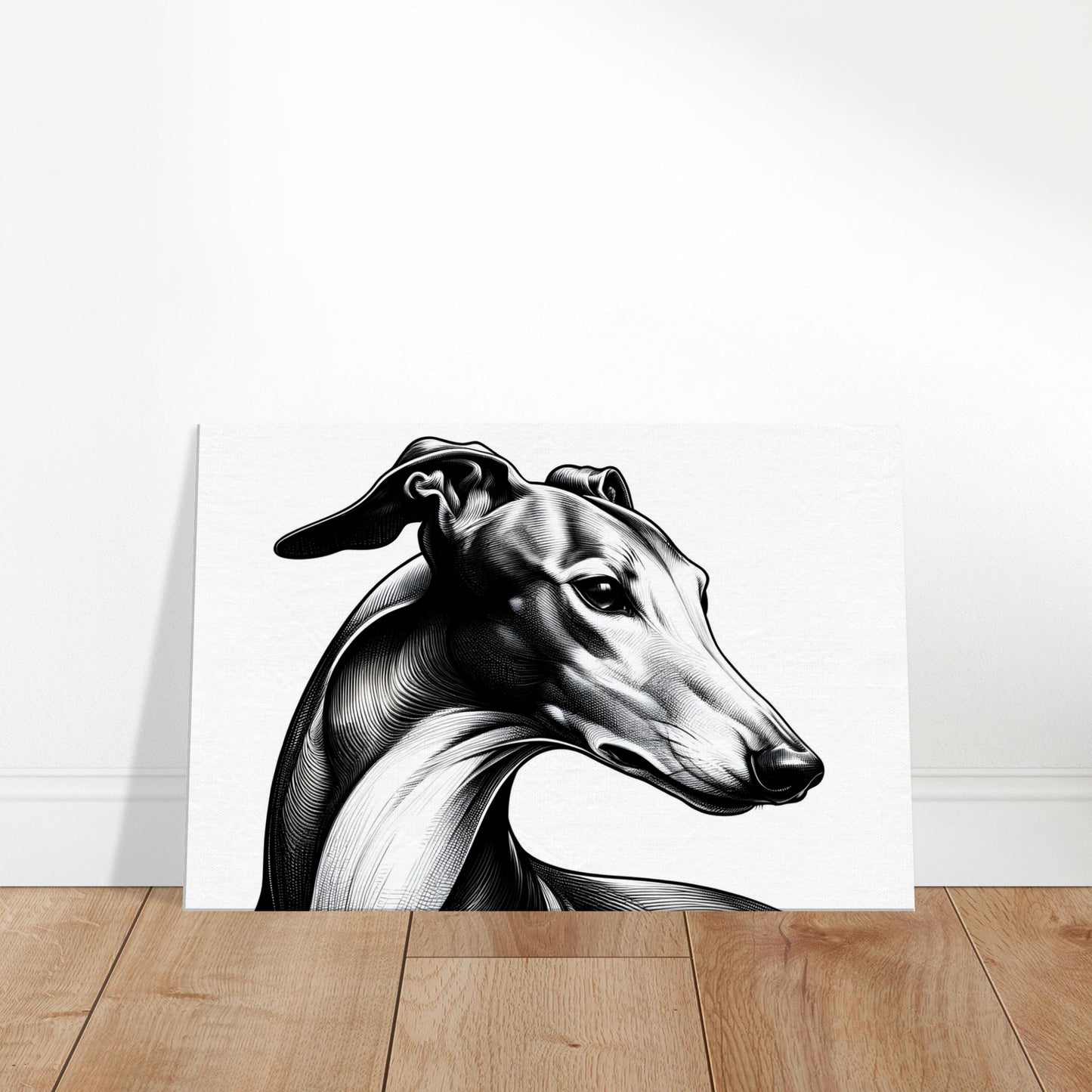Elegant sketch of a Greyhound dog in black and white, highlighting its slender form and graceful expression.