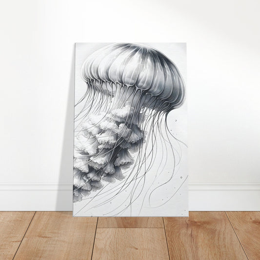 Pencil sketch of a graceful jellyfish with flowing tentacles against a soft underwater background.