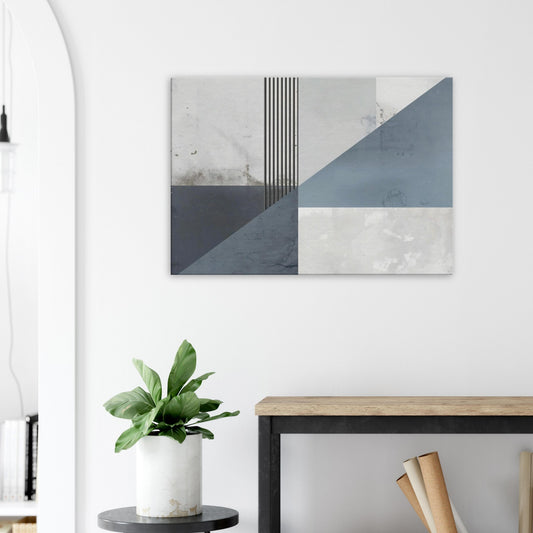 Landscape canvas with horizontal abstract layers of graphite, steel grey, and pale white forming cityscape-inspired textures.