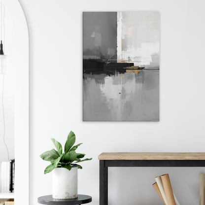 Portrait canvas with vertical abstract layers of graphite, steel, and pale white forming city skyline-inspired textures.