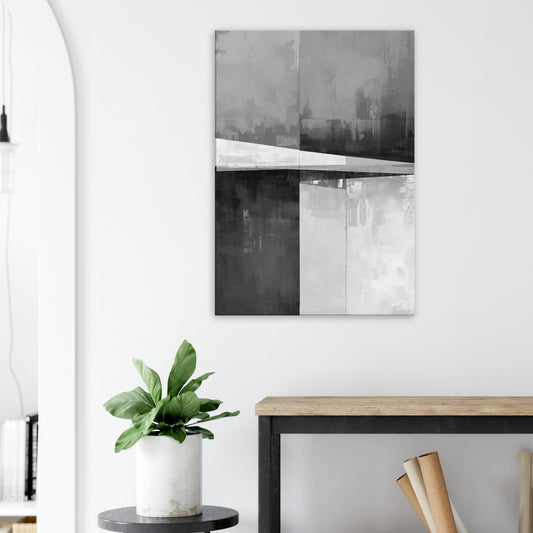 Portrait canvas with horizontal abstract layers of graphite, steel, and muted white forming city skyline-inspired textures.